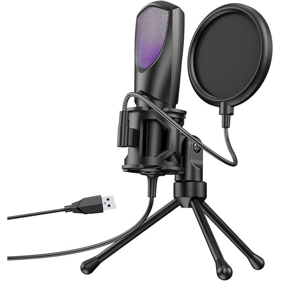BOYOU USB Condenser Gaming Microphone for PC, RGB Noise Reduction Mic with USB 2.0 Plug and Play, Adjustable Stand and Pop Filter for Live Streaming