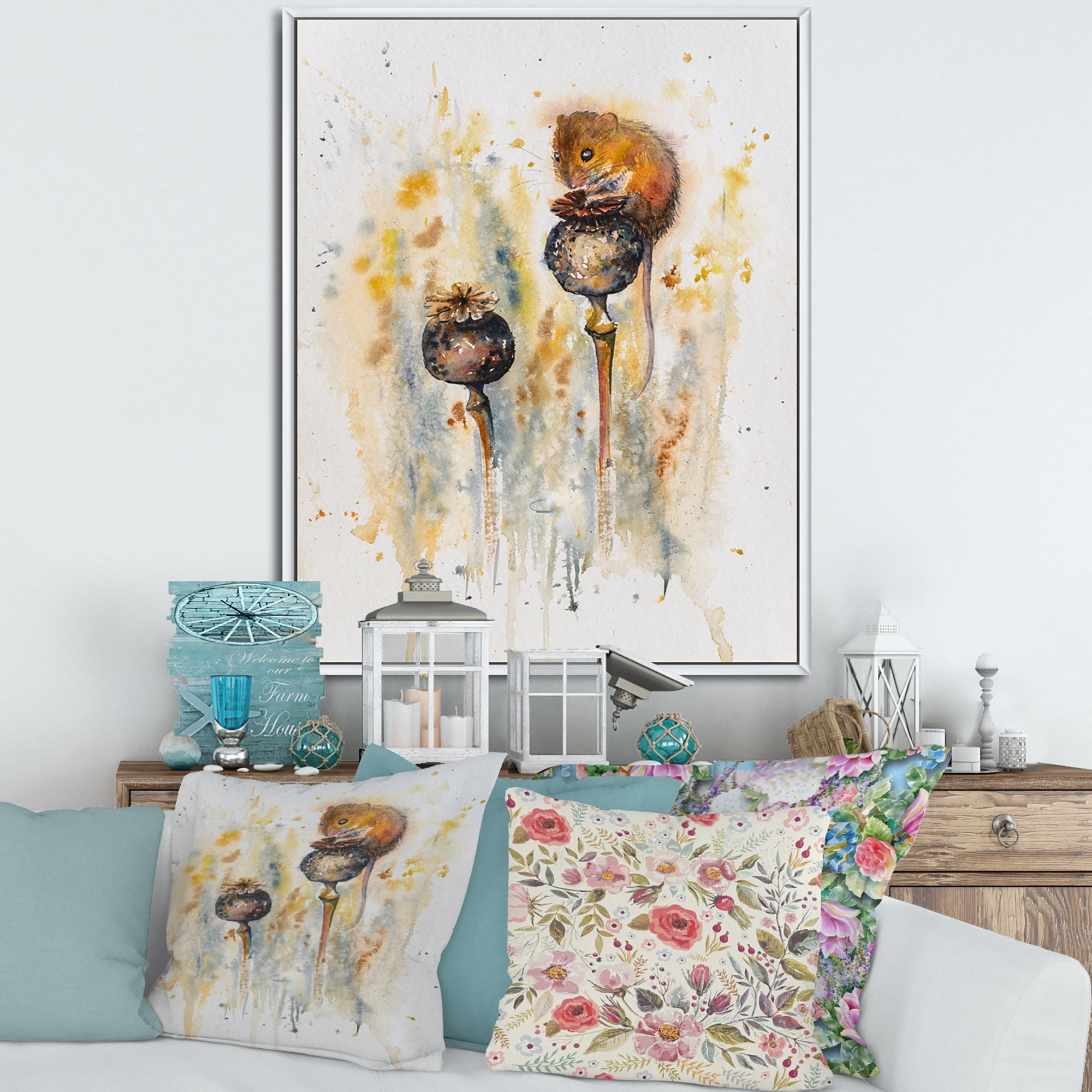 Designart 'Little Mouse Sitting On Poppies' Traditional Framed Canvas Wall Art Print