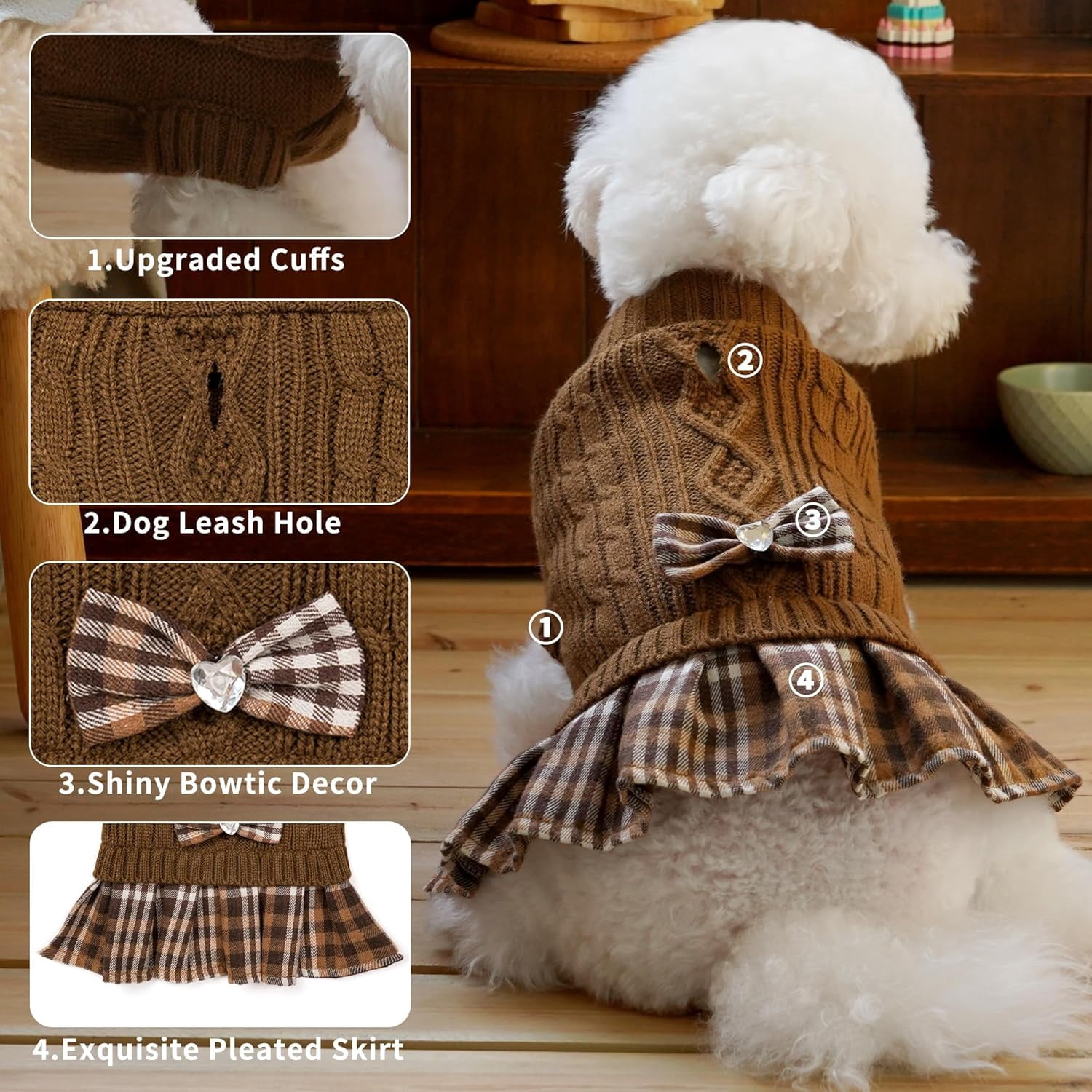 Girl Dog Sweater Dress with Bowtie Turtleneck Small Dogs Sweater with Leash Hole, Knitted Small Dog Sweaters Dress Puppy Winter Clothes for Yorkies Chihuahua (Large, Brown)