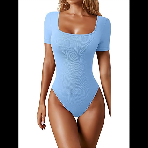 Body de Dos Piezas para Mujer, de una Pieza, Acanalado, con Cuello Cuadrado y Corta. Azul L