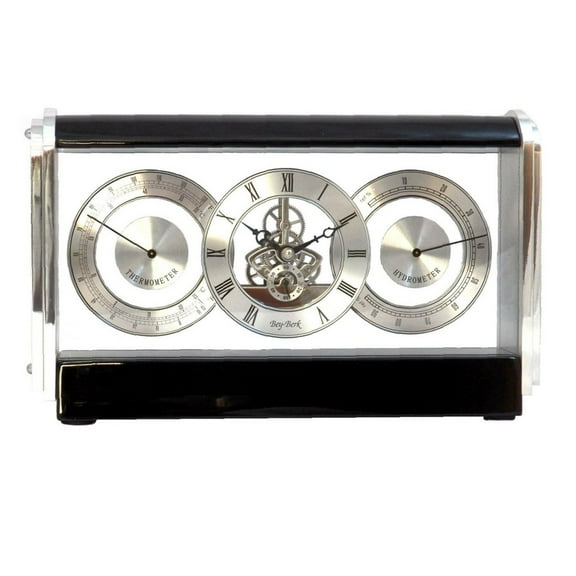 Bey-Berk International Skelton Movement Clock, Stainless and Lacquered Black Wood T.P.