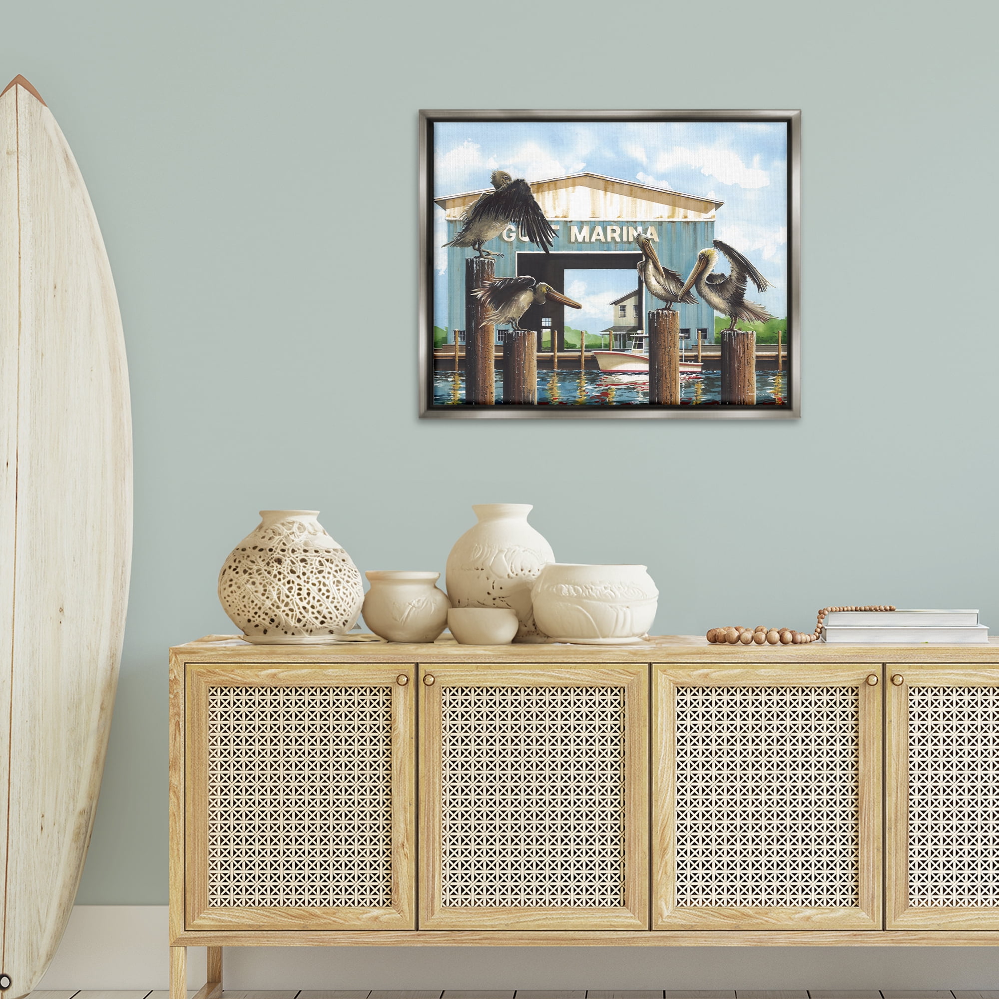 Stupell Industries Boat Marina Pelicans Nautical & Beach Painting Gray Floater Framed Canvas Art Print Wall Art, 31 x 25