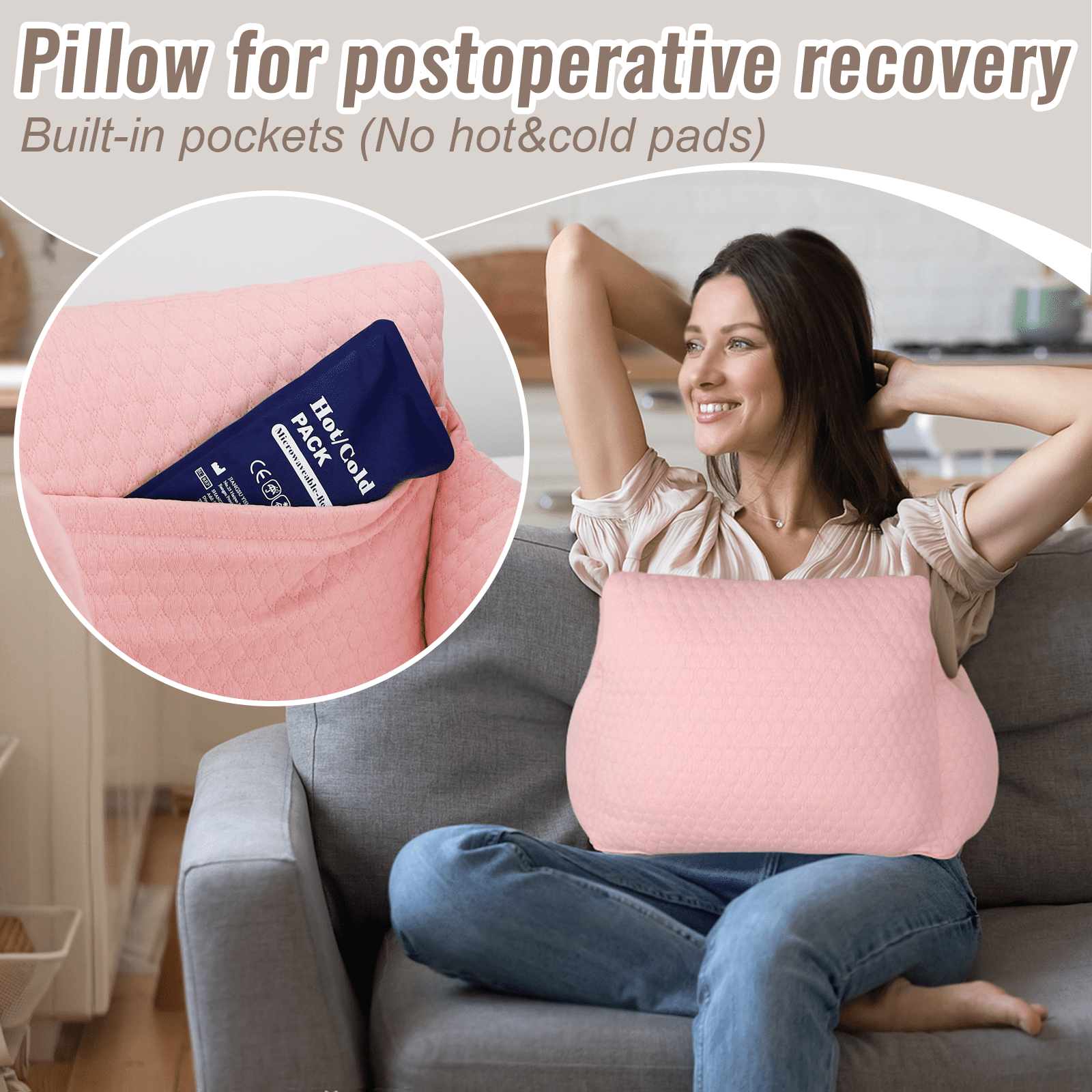 RoamReady Hysterectomy Recovery Pillow, Post Surgery Abdominal Cushion for C-Section Patients, Adult Pink