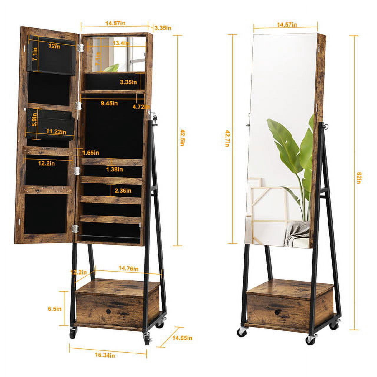 Oumilen Jewelry Armoire on Casters with Chest Drawer in Burnt Wood Brown for Adults