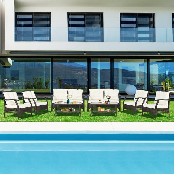 Costway 8 PCS Outdoor Rattan Conversation Set Patio Rattan Sofa Set W/ Protective Cover