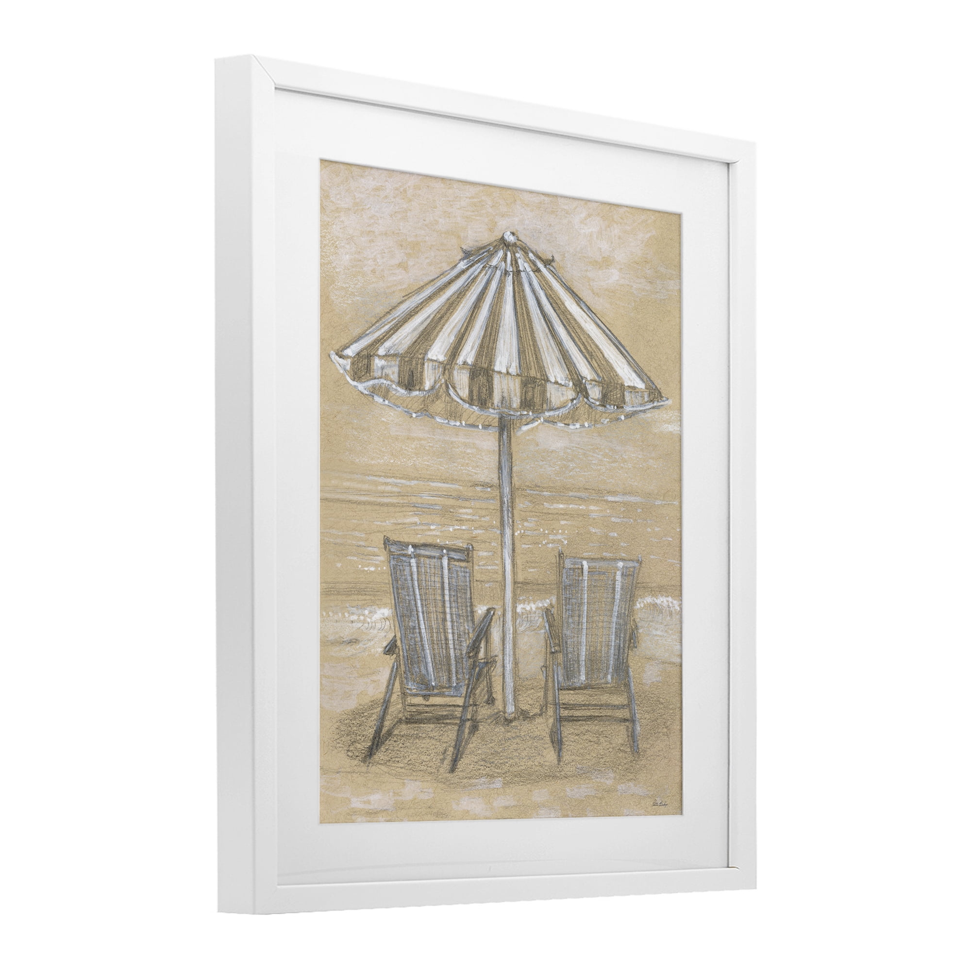 Stupell Industries Umbrella & Chairs Drawing White Framed Print Under Glass, design by Patti Bishop