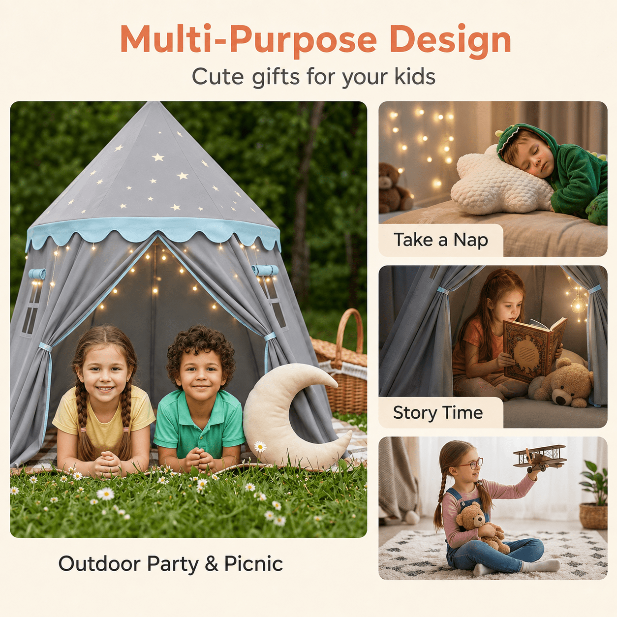 Fenbeli 2-in-1 Kids Play Tent with Padded Mat and Star Lights, Indoor Outdoor Playhouse with Windows, Blue and Gray
