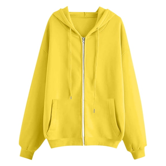 Women's Oversized Zip Up Hoodie Fleece Vintage Y2K Jacket Long Sleeve Lightweight Casual with Pockets Yellow