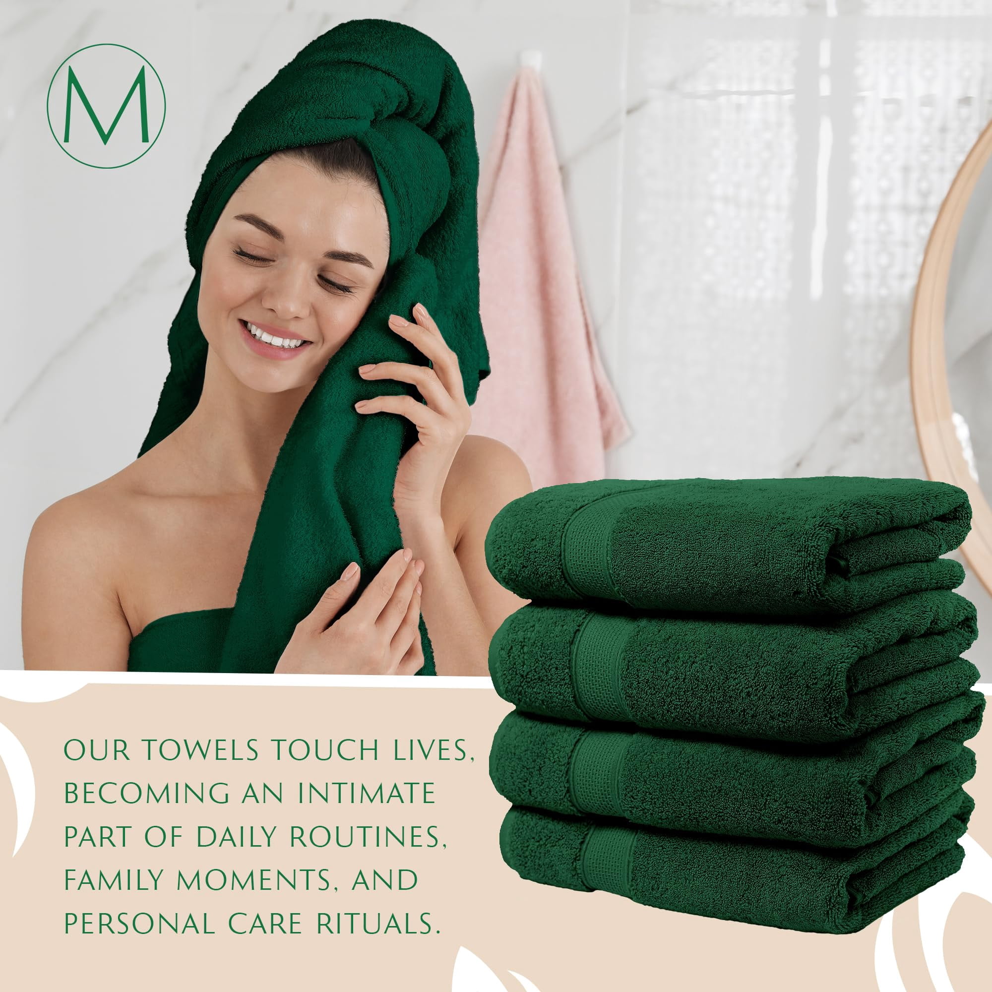 MAURA Hunter Green Extra Large Turkish Cotton Luxury Bath Towels set of 4. Ultra-Soft, Thick & Plush Towels for Bathroom - Dark Green