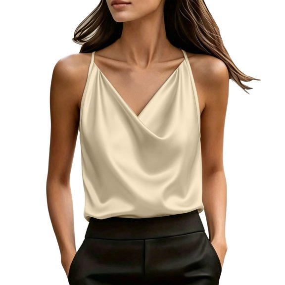 Ahabrexf Satin Camisole Tops for Women, Draped Cowl Neck Spaghetti Strap Solid Color Dressy Tank Top for Office Party Wedding Wear