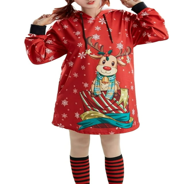 Robe à Capuche de Noël pour Femmes - avec Imprimé de cerf/Snowman et Manches Longues