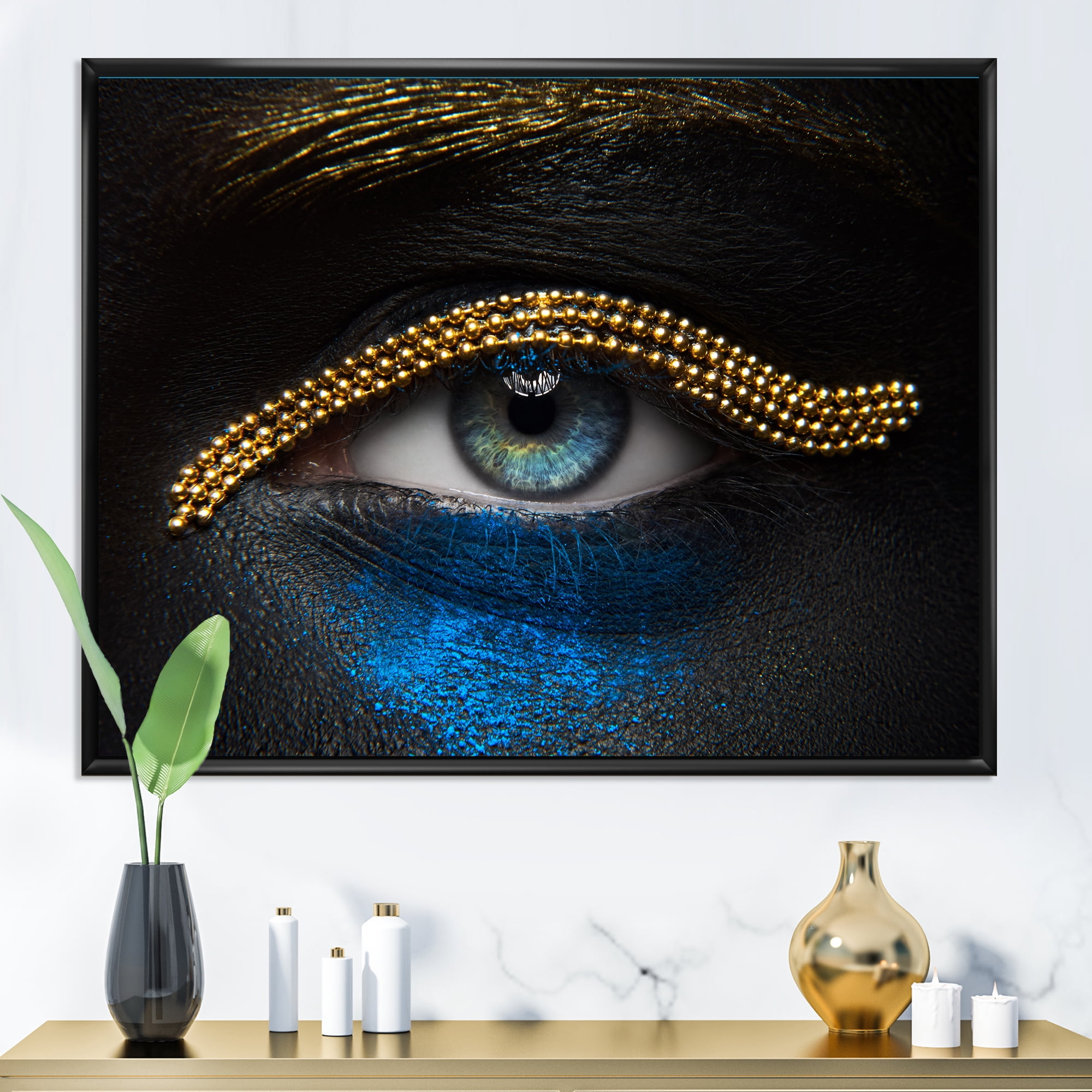 Designart 'Girl Eyes With Gold Chain and Blue Pigment' Modern Framed Canvas Wall Art Print