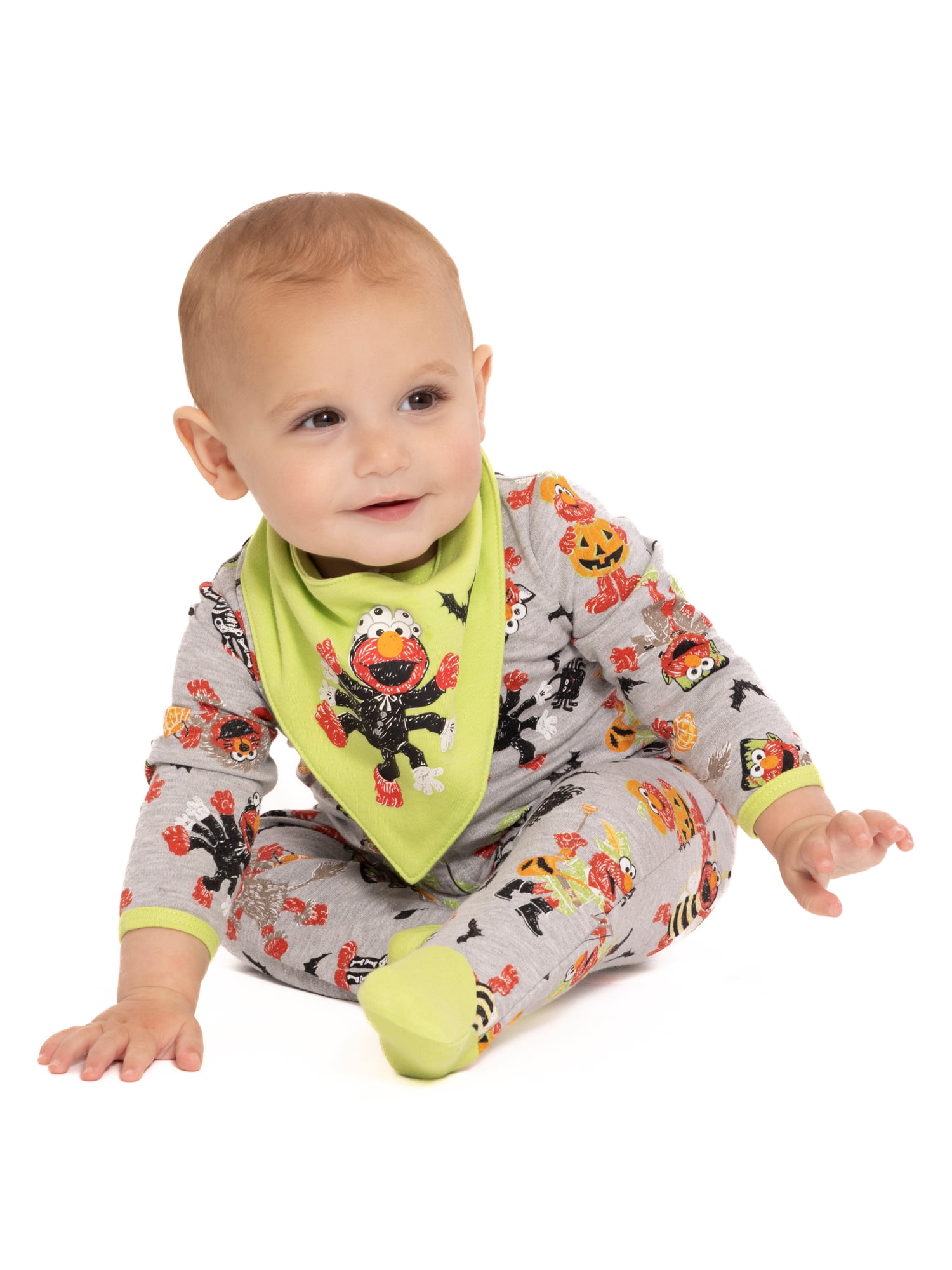 Halloween Sesame Street Elmo Baby Boys or Girls Footed Sleep N Play Pajamas and Bib Set, 2-Piece, Sizes 0M-9M