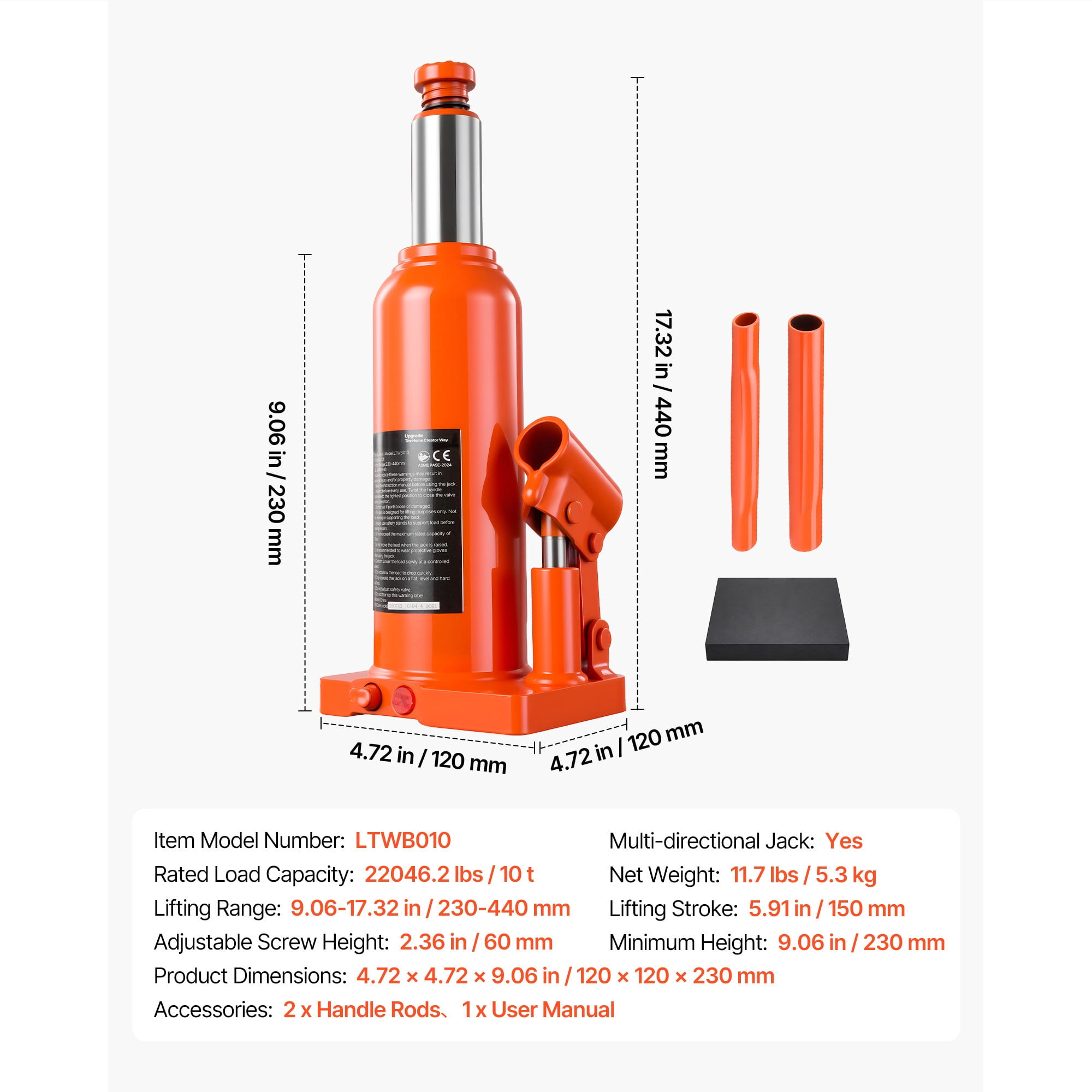 KFFKFF Hydraulic Bottle Jack 10 Ton (22046.2 lbs) 9.06"-17.32" Lifting Range, Suitable for Heavy-Duty Vehicles, SUVs,Auto Repairs,and House Lifting,Durable Multi-Directional Jack with Extended Handle