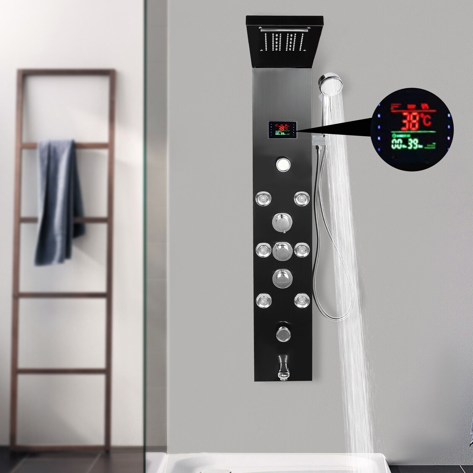Shower Panel Tower System Stainless Steel Rain Massage Full Body Shower System Hydroelectricity Display w/Jets