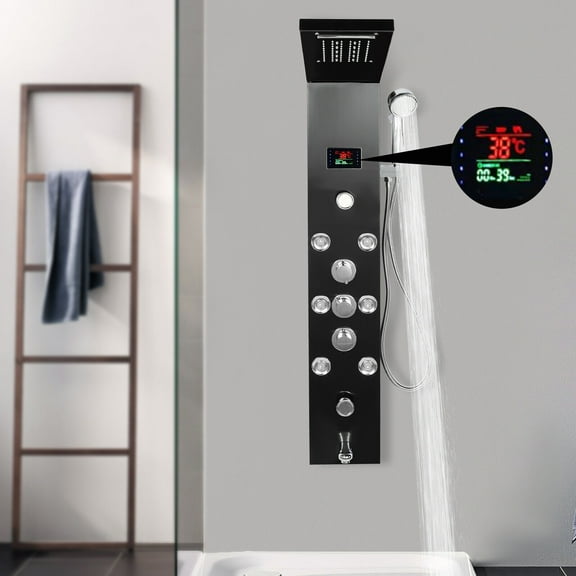 LED Shower Panel Tower System, Hydroelectricity Display Rain Massage Full Body Shower System with Jets, Bathroom 6-Function Shower Tower with LED Rainfall Waterfall Shower Head, Black