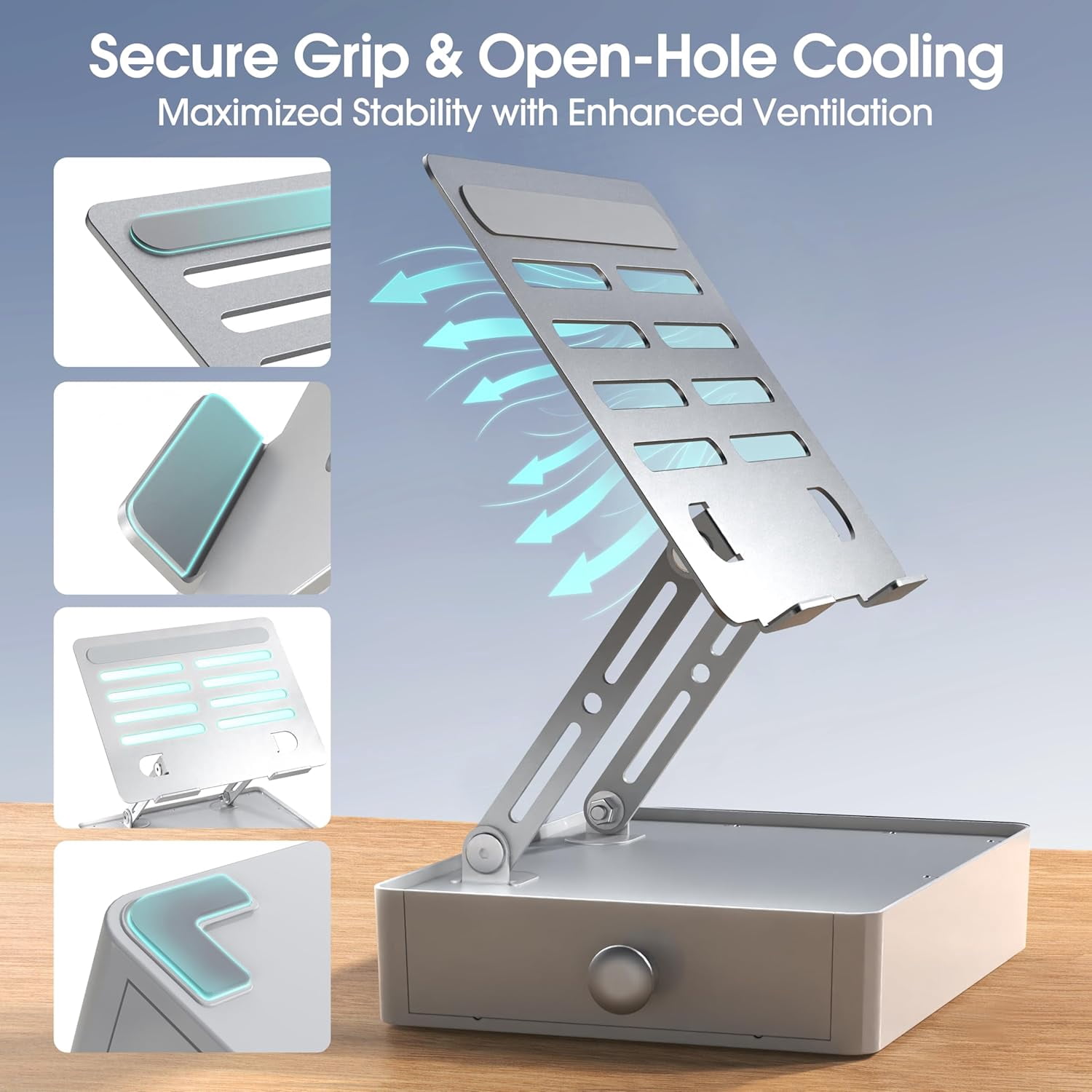 Laptop Stand with Storage Drawer, Heavy-Duty Metal Riser for Desk, Ergonomic Height & Angle Adjustment for 10–16.2 Inch Laptops, Silver