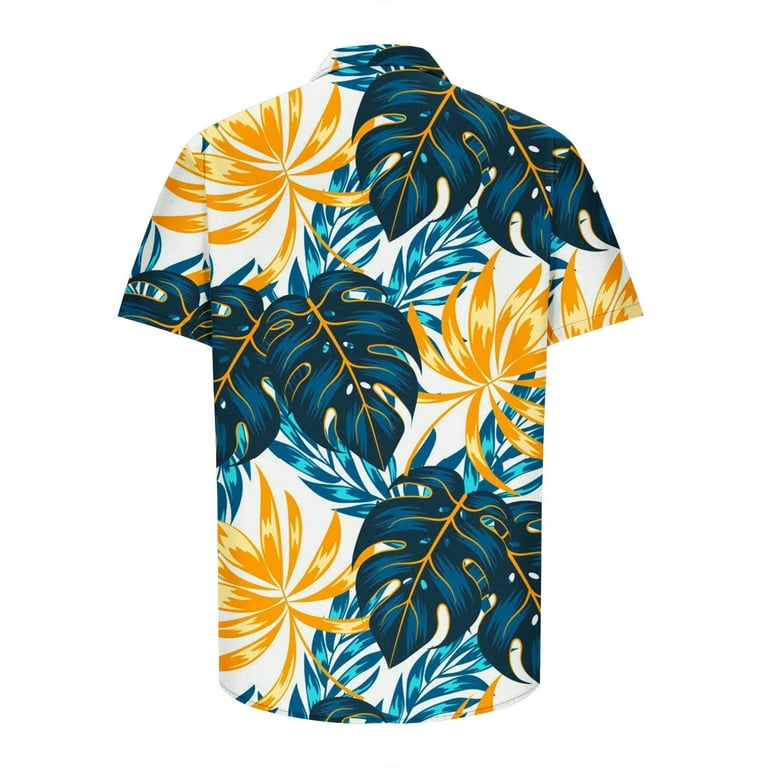 VSSSJ Hawaiian Style Top for Men Big and Tall Colorful Floral Print Short  Sleeve Casual Button Down V-Neck Shirts Cozy Beach Shirts Yellow M