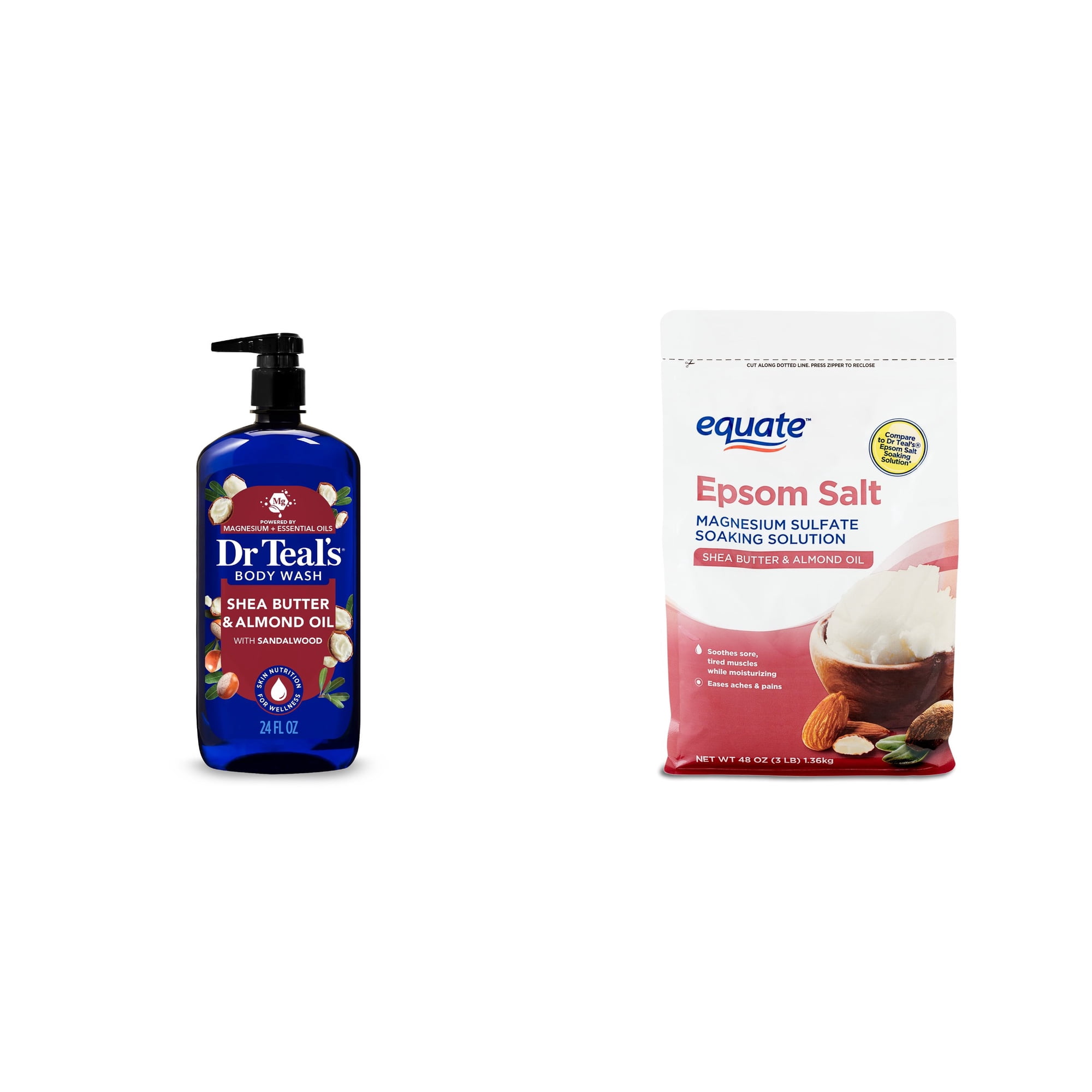 Dr Teal’s Body Wash with Shea Butter & Almond and Pure Epsom Salt & Equate Epsom Salt Soaking Solution with Shea Butter and Almond Oil, 3 lbs Bundle