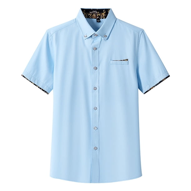 Camisas De Vestir Para Hombre Manga Larga Moda de primavera y verano para hombre, camisa informal de manga corta con cuello levantado, camisetas transpirables para hombre (Light Blue, L)