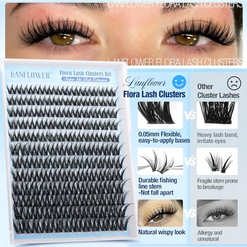 Flora Lash Clusters Kit Wispy Cluster Eyelash Extensions Natural Lash Extension Kit D Curly Fluffy Lashes Clusters Kit 10-18mm Eyelash Extension Kit Thin Band Individual Lashes by