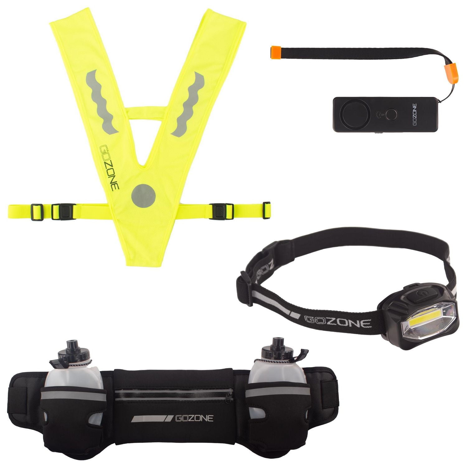 Runner's Kit – Head Lamp, Hydration Waist Pack, Reflective Vest, Runner's Alarm –Black/Green, With 2 hydration bottles