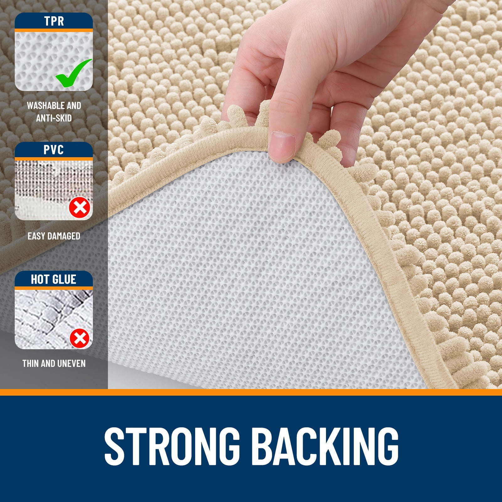 Buganda Bathroom Rugs 59x20, Quick Dry Machine Washable Chenille Bath Mats with Rubber Backing, Beige