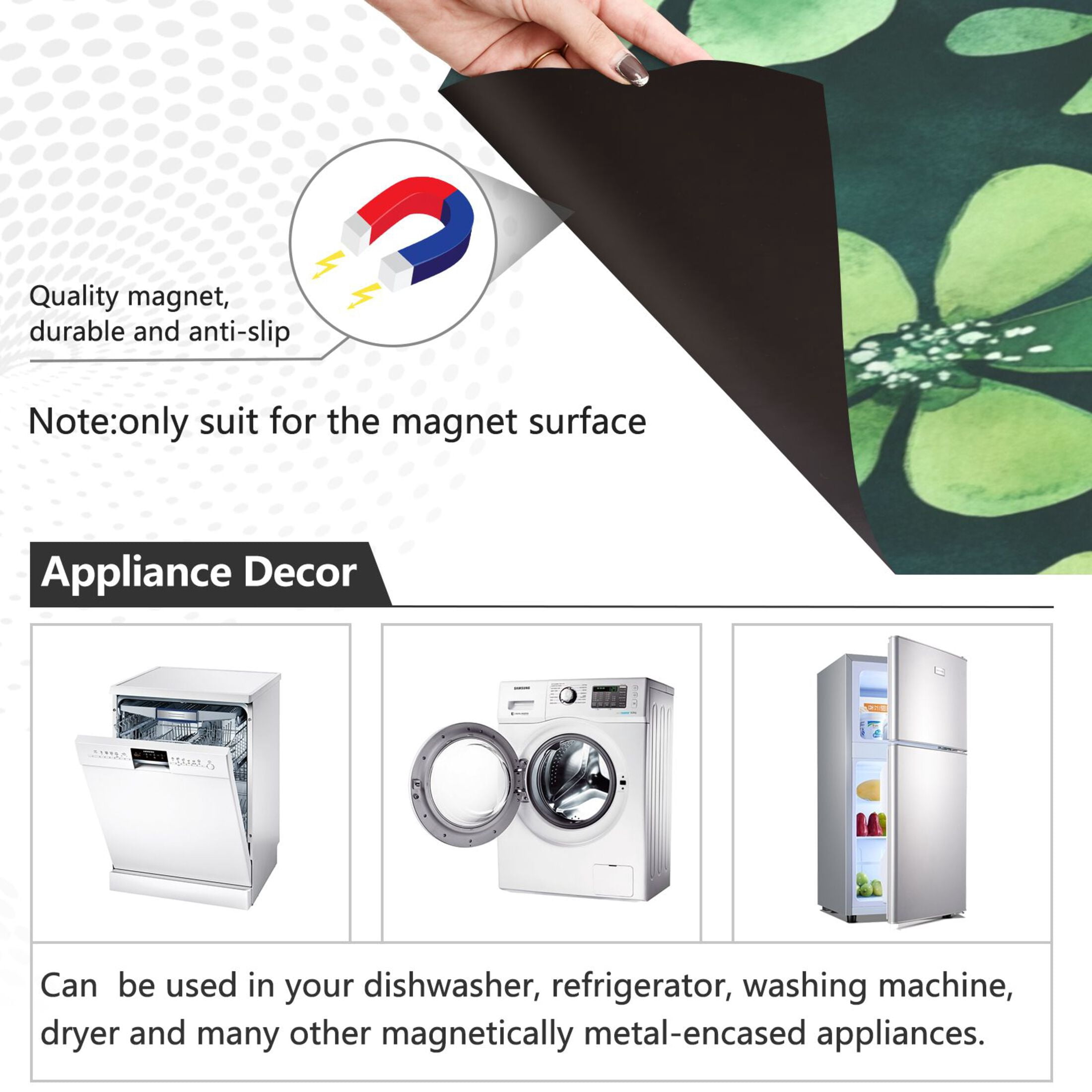 Dishwasher Magnetic Sticker 23x26 Inch Refrigerator Magnetic Sticker Washing Machine Magnetic Sticker Kitchen Panel Magnetic Sticker Home Decor Cartoon Green Flowers