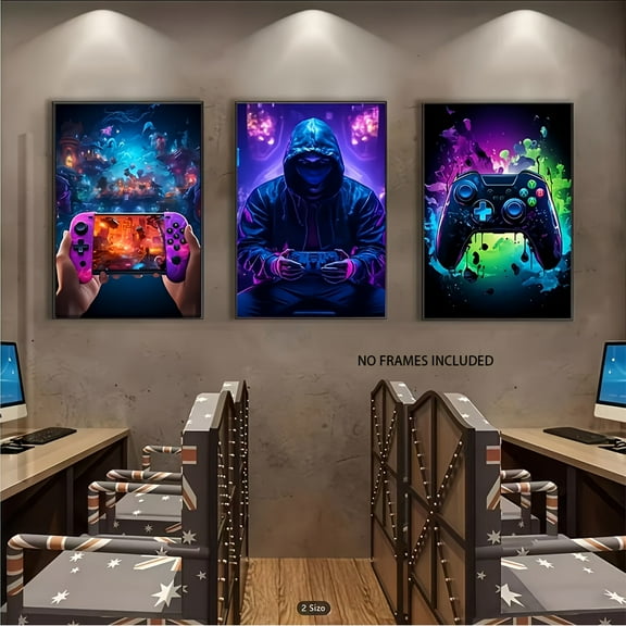 3pcs Vibrant Gaming Canvas Wall Art Set - Neon Headphones & Controllers, Frameless Modern Decor for Bedroom, Living Room, or Game Room, High-Definition Fade-Resistant Print, Gaming Room Decor | Mode