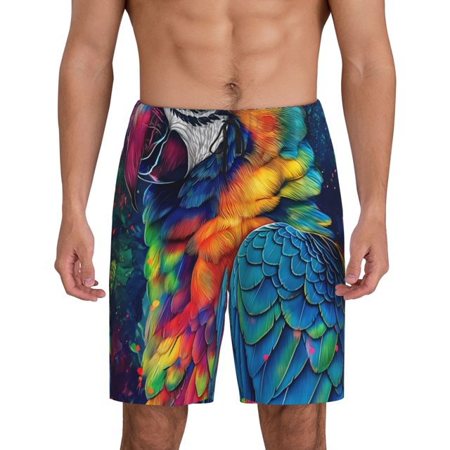 Balery Vibrant Rainbow Parrot Fantasy Pantalones cortos de pijama de punto de algodón para hombre con cinturilla y bolsillos-Small