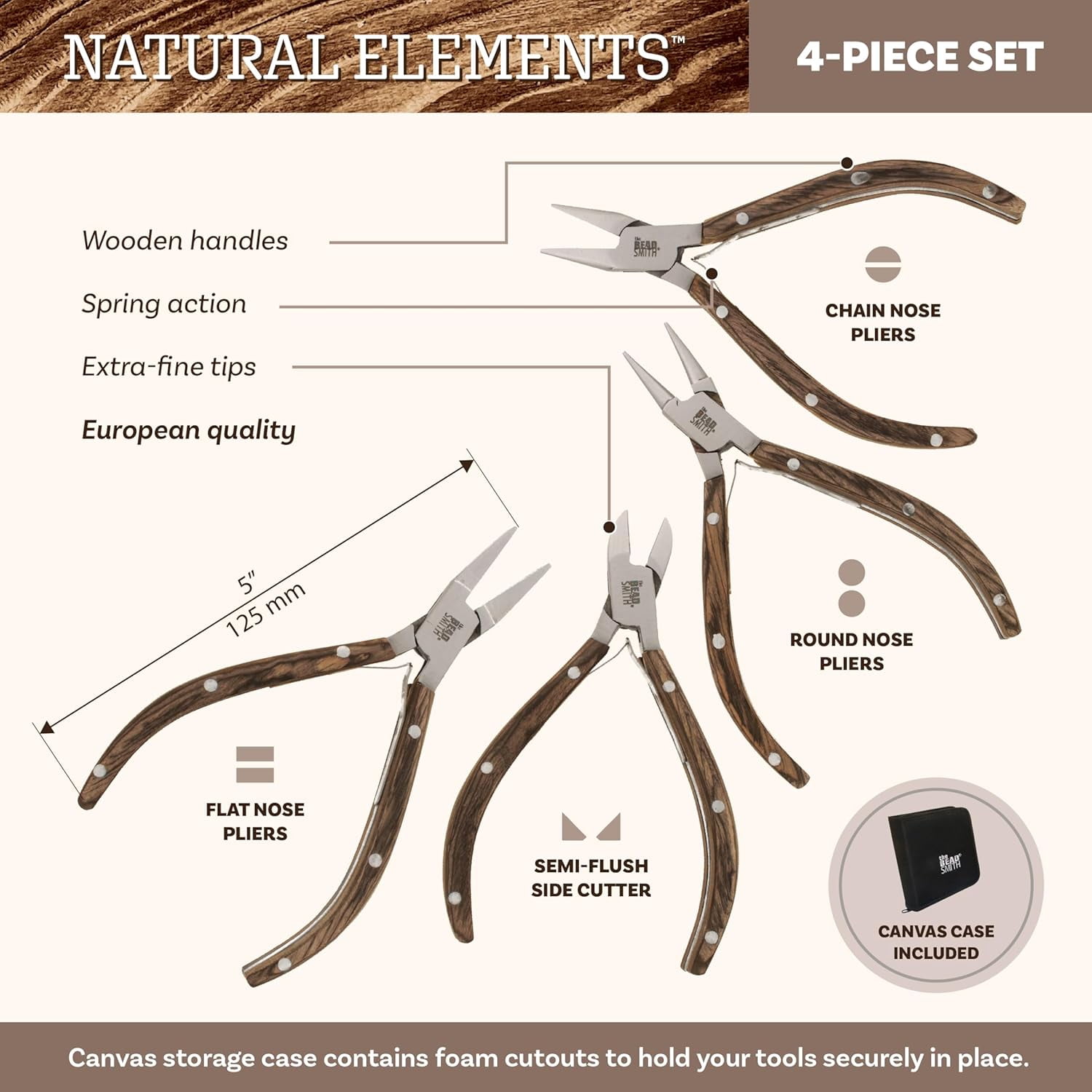 The Beadsmith Natural Elements Pliers Set - 4-Piece Kit: Chain Nose, Round Nose, Flat Nose, Side Cutter and Canvas Carrying Case – Natural Wooden Handles - Tools for Jewelry Making
