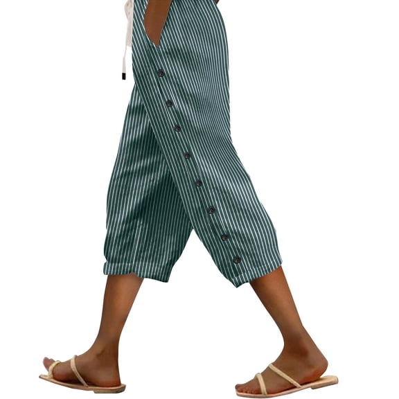 Bovemsi Casual Pants for Women Striped Side Fashionable Loose Elastic Waist Straight Leg Comfortable Three Quarter Belt Cuff with Pockets
