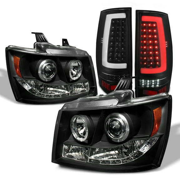 AKKON - Fits 2007-2014 Chevy Tahoe Suburban 1500 Dual Projector Black Headlights   LED C-Tube DRL Tail Lights Pair