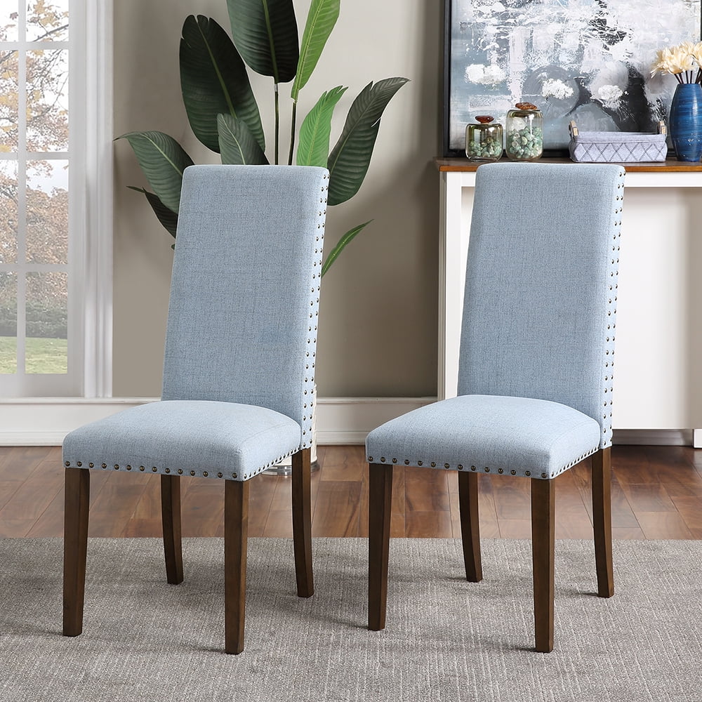 Kepooman Elegant Medieval Upholstered Dining Chairs Set of 2, Fabric High Back Home Chairs with Copper Nails Solid Wood Legs, Side Chairs for Dining Room/Living Room/Kitchen, Light Blue Kepooman Elegant Medieval Upholstered Dining Chairs Set of 2, Fabric High Back Home Chairs with Copper Nails Solid Wood Legs, Side Chairs for Dining Room/Living Room/Kitchen, Light Blue