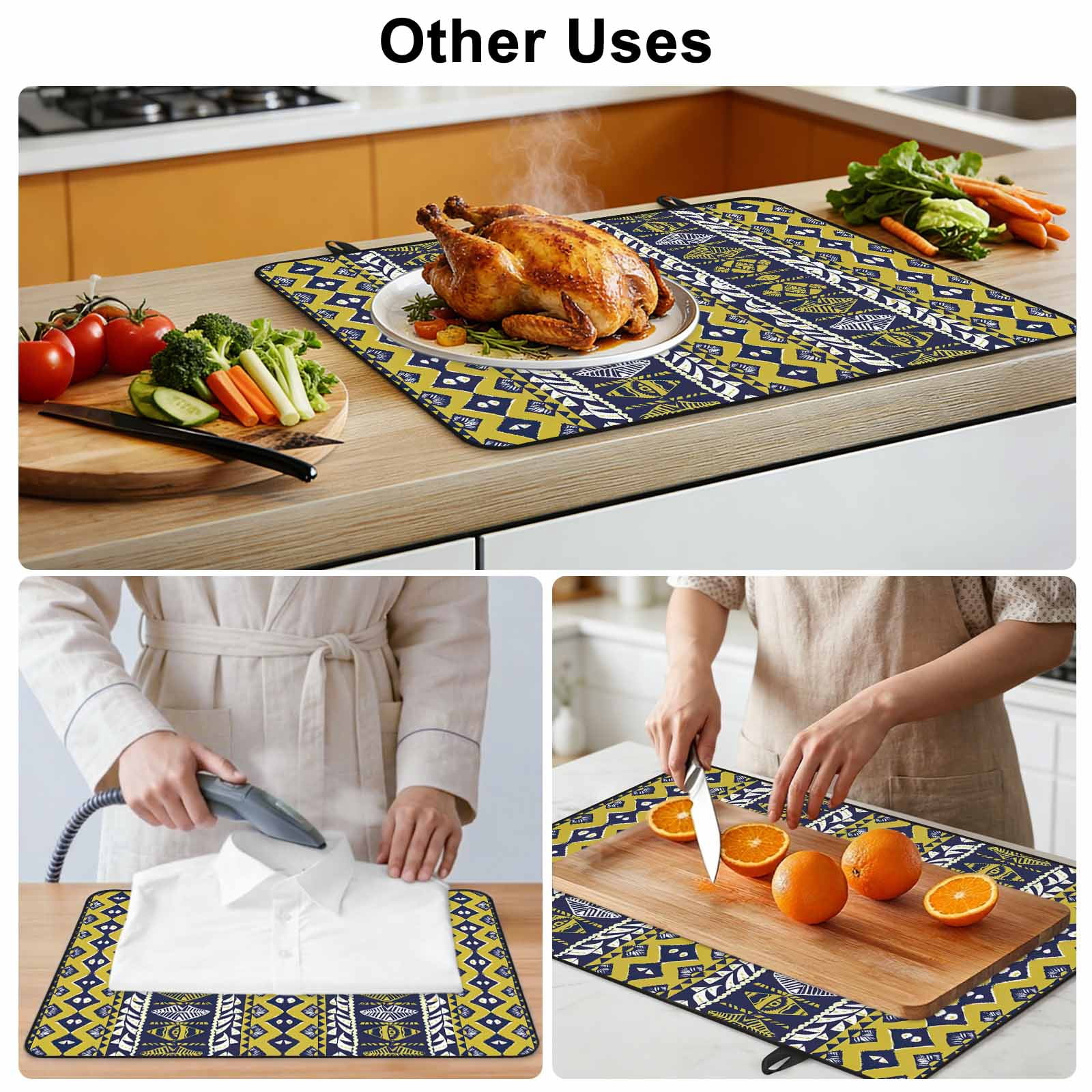 Yellow Navy Blue Geometric Stove Top Cover for Electric Stove, Heat-proof & Non Slip Glass Top Stove Cover Protector, Southwestern Ethnic Boho Kitchen Flat Cooktop Rubber Mat 24x21 Inches