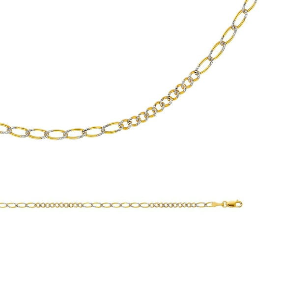 Solid 14k Yellow White Gold Necklace Figaro Chain Curb Pave Style Link Two Tone Thin 2.6 mm 16 inch