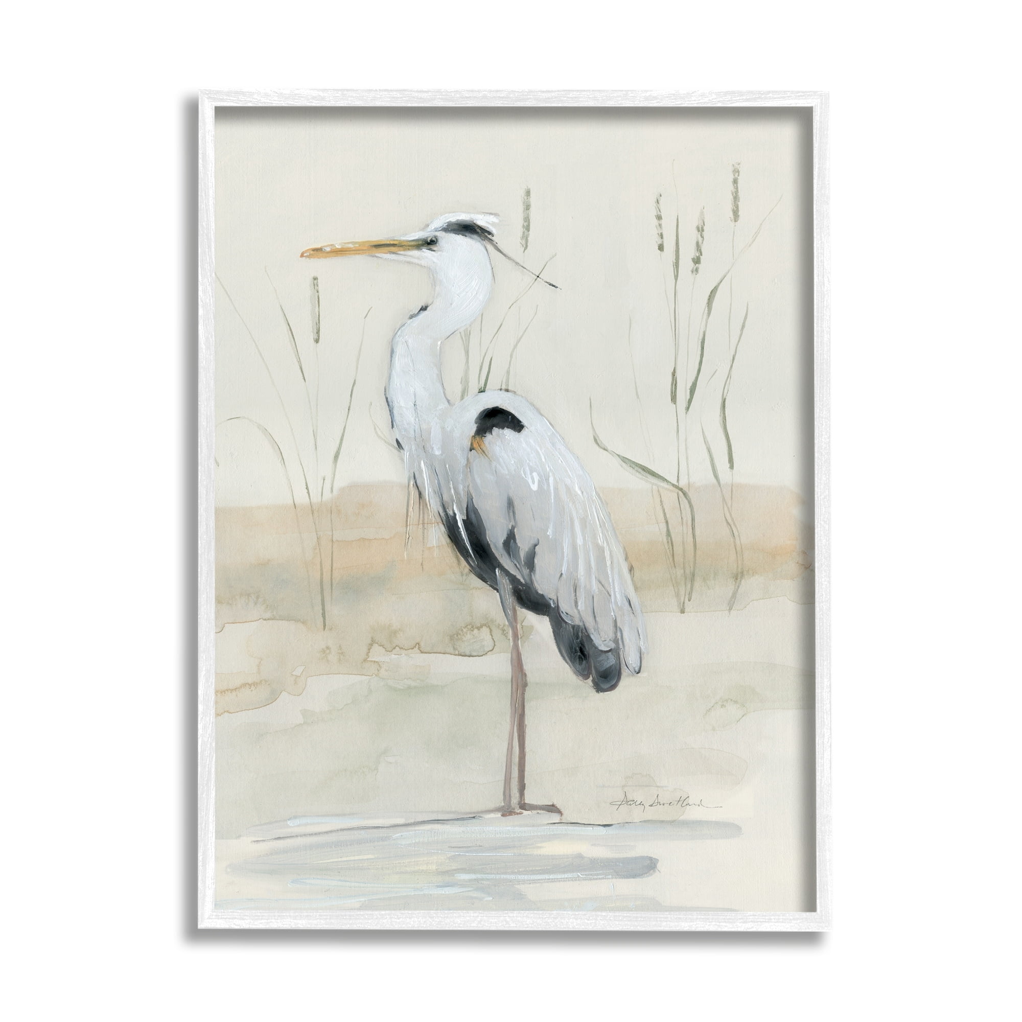 Stupell Industries Heron Bird Riverbank Watercolor Coastal Painting White Framed Art Print Wall Art