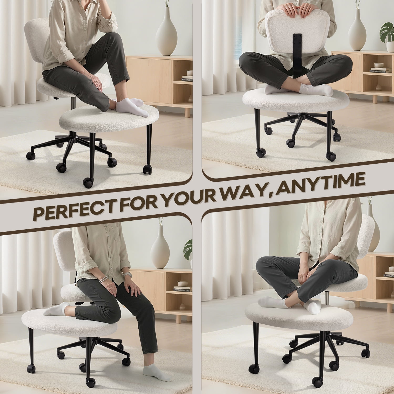 Waleaf Ergonomic Cross Legged Office Chair, Boucle ADHD & Meditation Chair for Adult, Lumbar Support Swivel Wide Seat, Yoga & Kneeling chair