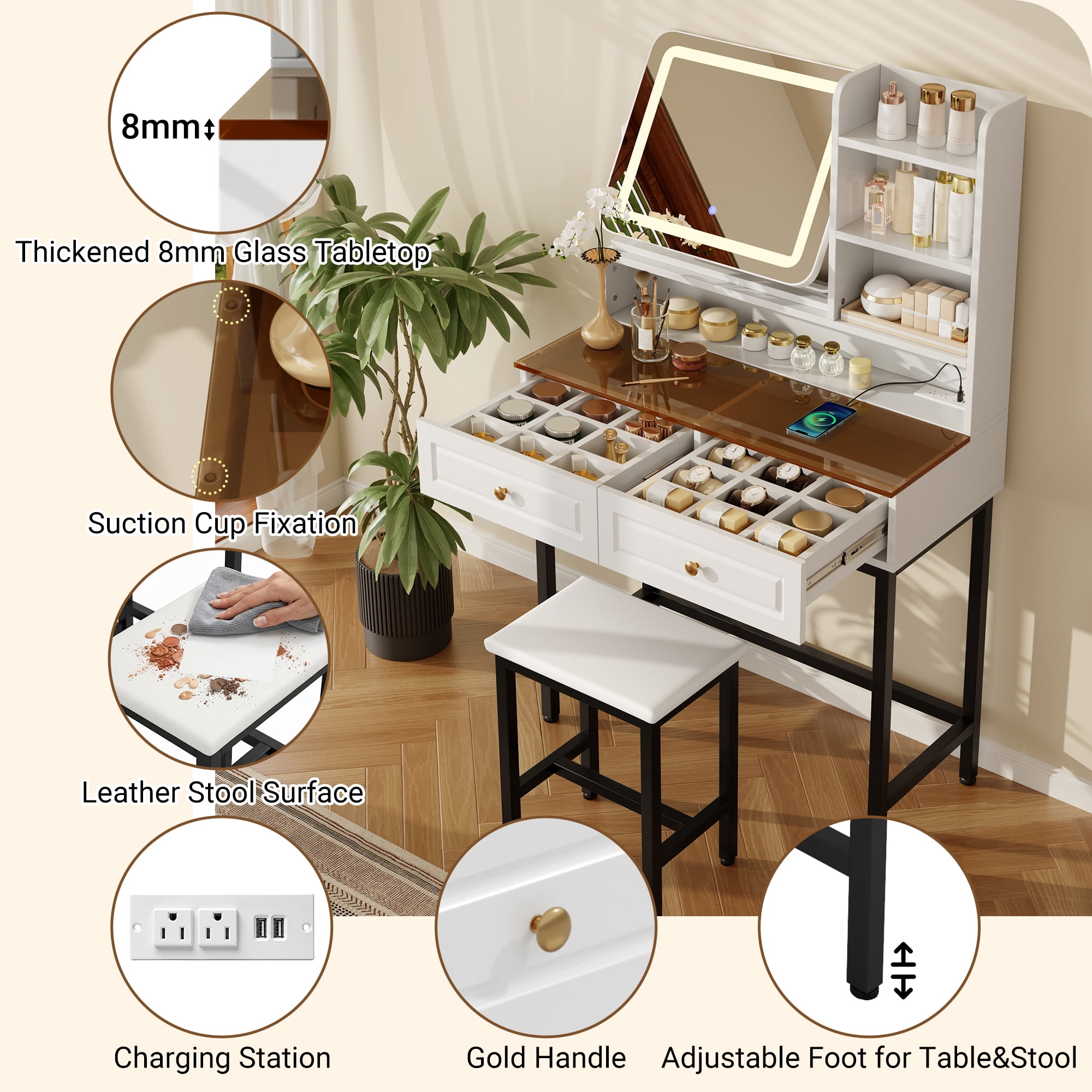 Leumius Makeup Vanity Desk with Lighted Mirror,360° Rotatable Mirror,Makeup Table with 2 Drawers & 3-Tier Shelves,Modern Dressing Table for Bedroom,White