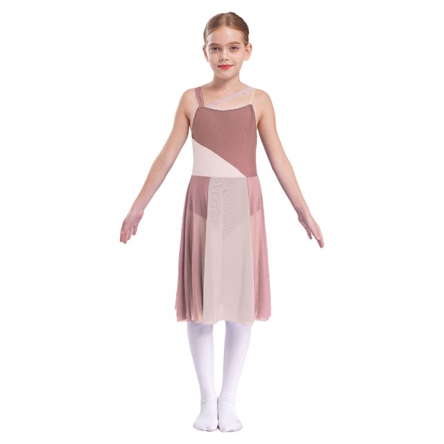 Oyolan Robe de Danse Sans Manches en Maille Transparente pour Filles, Justaucorps de Danse Moderne, Vêtements de Performance, Marron Clair 10
