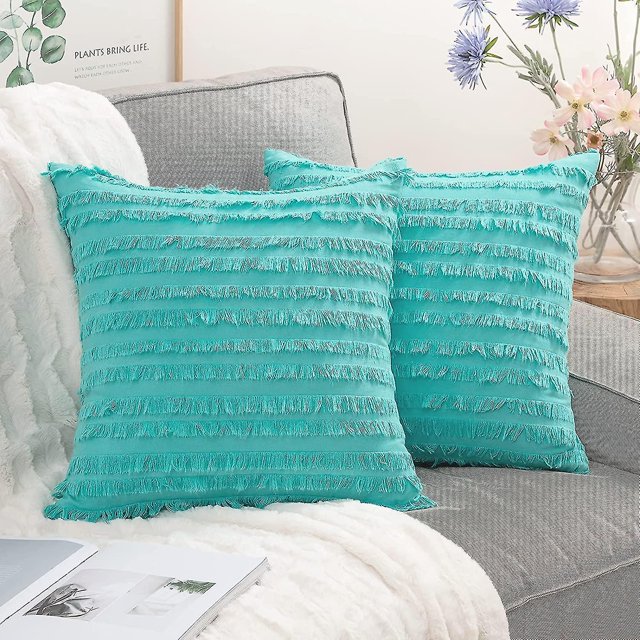 Wekity Juego de 2 fundas de almohada decorativas estilo bohemio, de lino, a rayas, con estampado de jacquard, para sofá, sala de estar, dormitorio, 20.0 x 20.0 in, color aguamarina