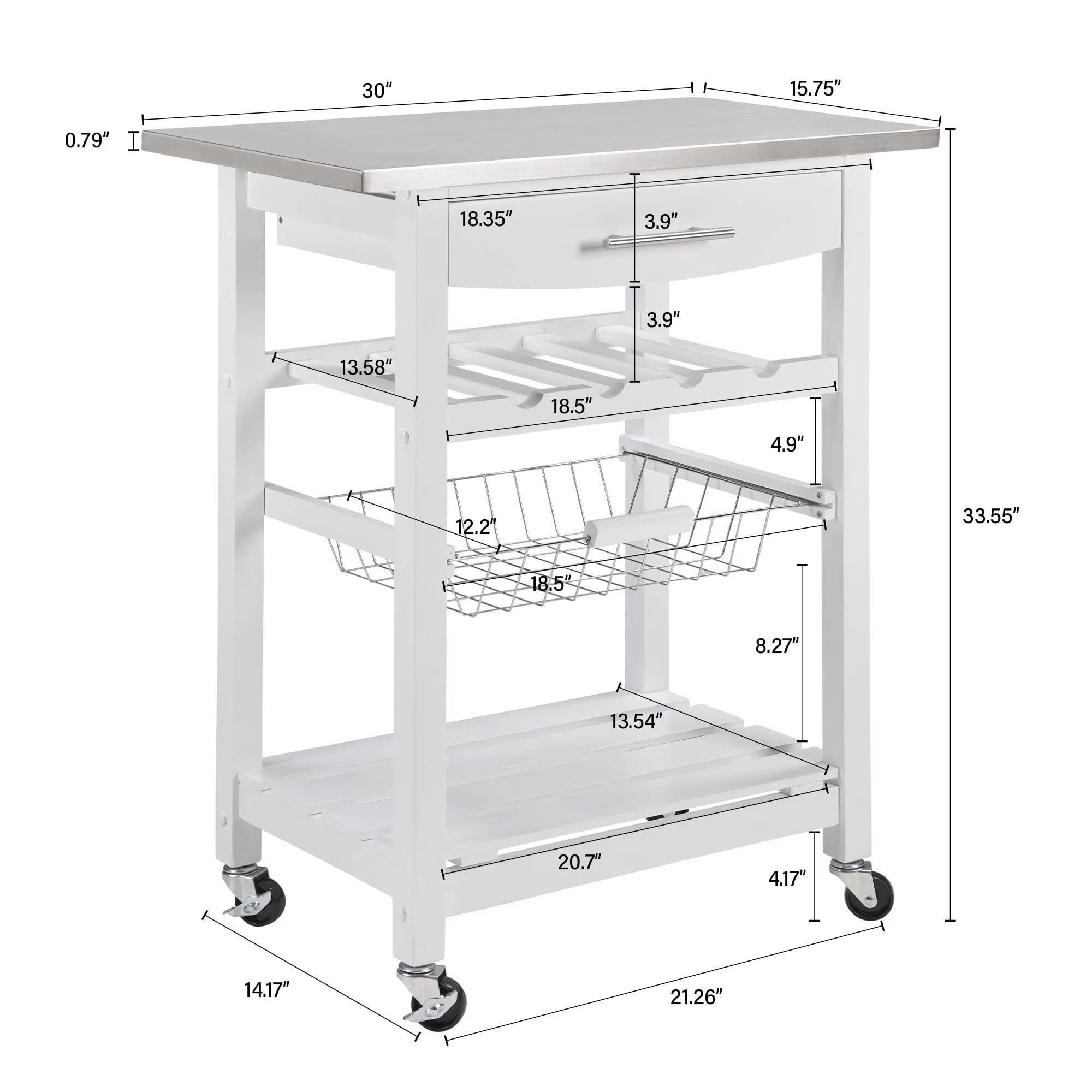 Avobird Kitchen Island Cart, Mobile Kitchen Cart with 30inch Stainless Steel Countertop/Underneath Drawer/Slide-Out Wire Storage Basket, White