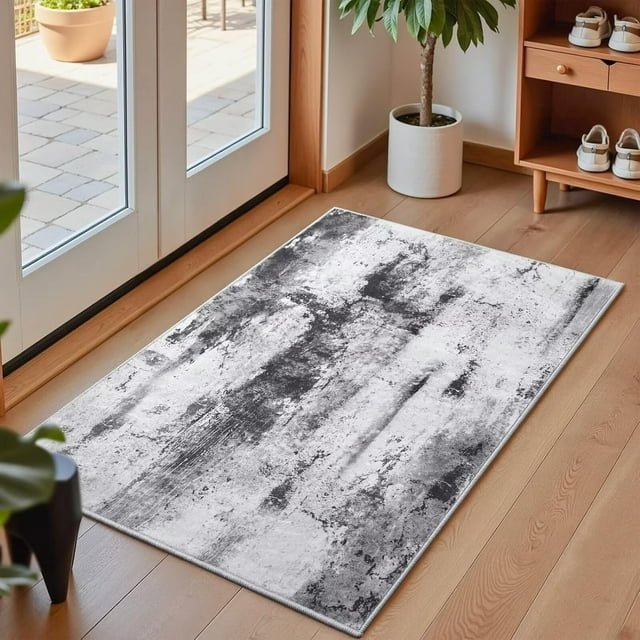 Macgace Washable Abstract Rug, 2x3 Small Modern Area Rugs with Non-Slip Rubber Backed for Kitchen, Thin but Soft Throw Carpet Bedroom Entryway Front Door Decor, Black Grey