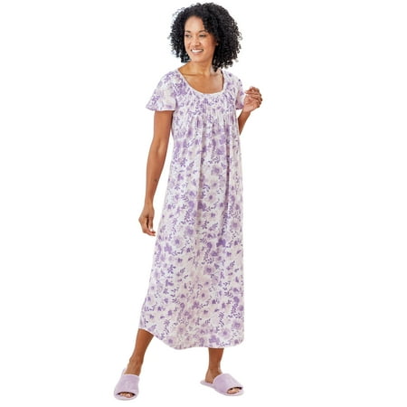 

AmeriMark Women s Floral Print Short Sleeve Nightgown with Smocking & Scoop Neck Hyacinth 3X