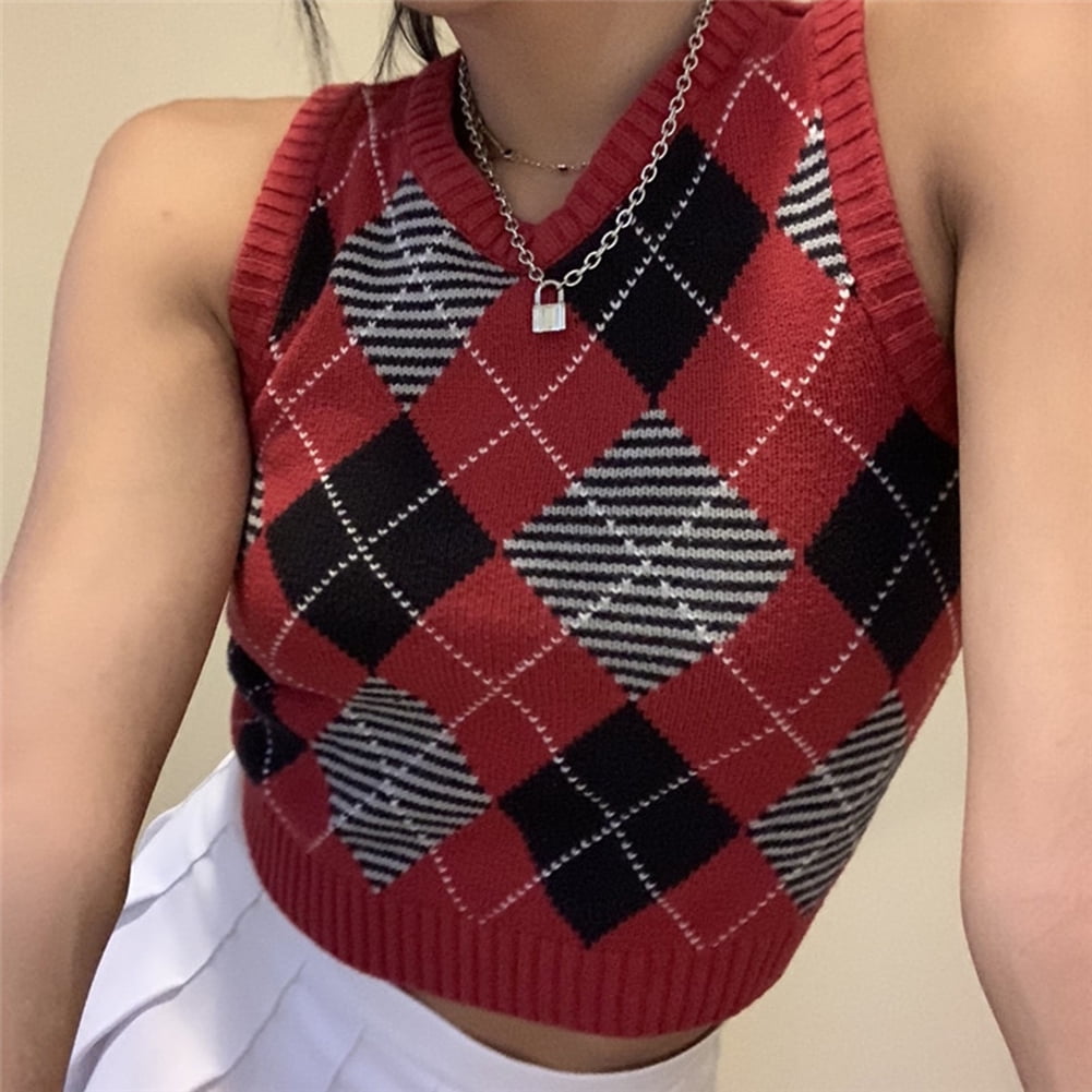 Women Knitted Plaid Cropped Sweater 