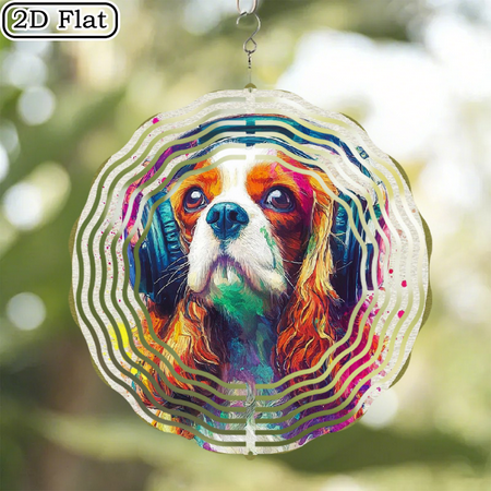 Ullo0ord 2D Flat 1pc 10inch Metal Wind Spinner -Vibrant Colorful Outdoor Garden Decor Cute King Charles spaniel wearing headphones Durable Metal Wind-Powered Rotator for Patio Terrace Yard