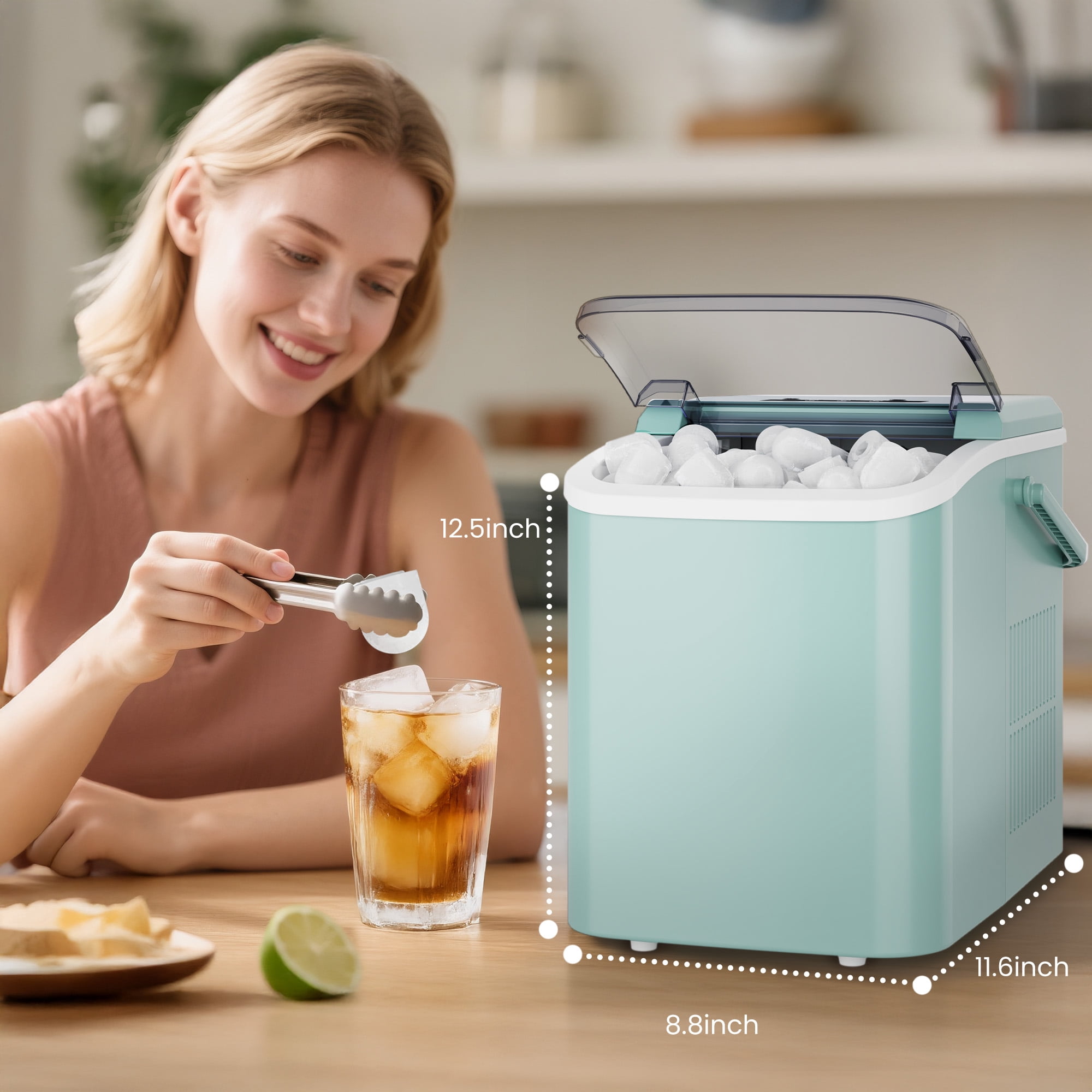 CONCETTA Portable Ice Maker Machine, 26.5 lb/Day Ice, Two Ice Sizes, Self-Cleaning Function, Bullet Ice Maker with Ice Scoop & Basket, Green