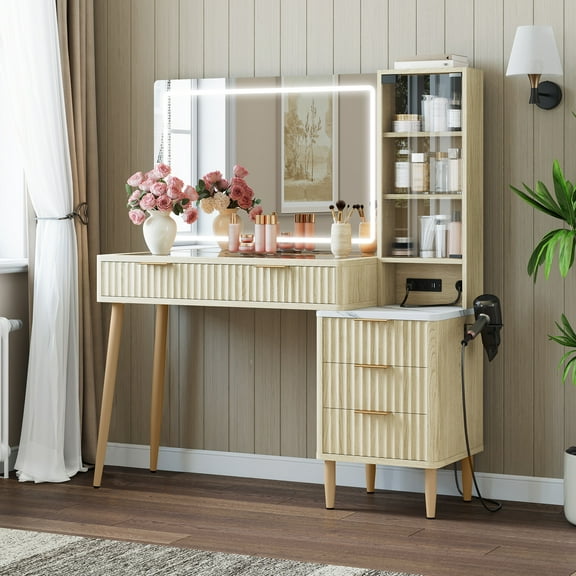 COZONY Makeup Vanity Desk with Lights, 48" Fluted Wood Dressing Table with 5 Drawers, Glass Top & Charging Station, 36" Lighted Mirror, Oak