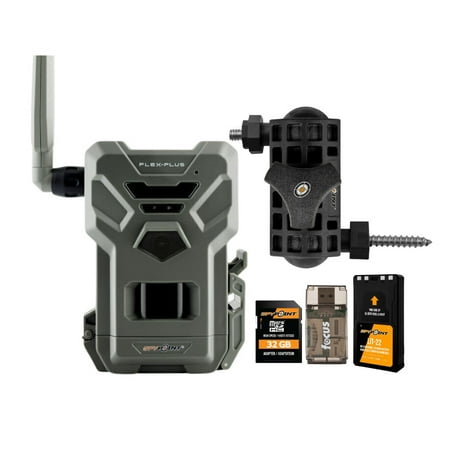 Spypoint FLEX-PLUS Cellular Trail Camera Bundle with Lithium Battery Pack Adjustable Mounting Arm 32GB Ultra High Speed Class 10 Memory Card and Focus All-In-One High Speed Card Reader (5 Items)