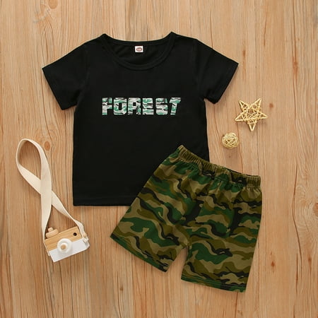 

nsendm Newborn Boys Short Sleeve Letter Print Tops Camouflage Shorts 2PCS Clothes Set Toddler Shirt with Bow Tie Childrenscostume Black 12-18 Months